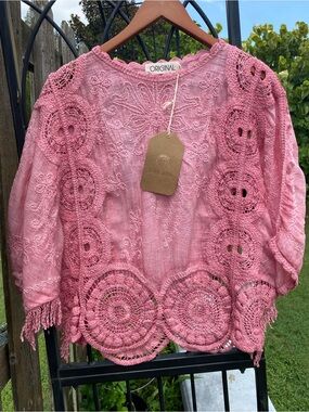 Designers Originals Pink Crochet Medallion Tunic
